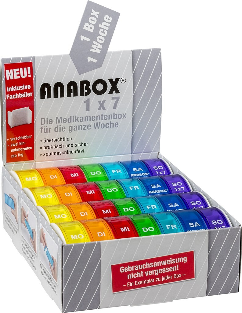 <p>ANABOX<sup>®</sup> 1x7 Display Regenbogen mit Fachteilern á 12 Stück</p>