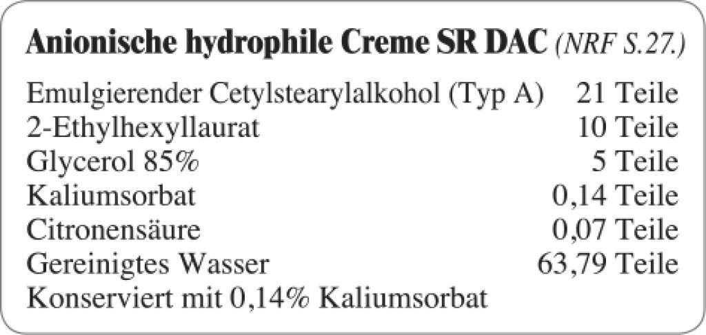 Etiketten zur Kennzeichnung von Rezepturen und Arzneimitteln "Anionische hydrophile Creme SR DAC"