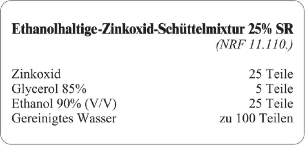 Etiketten zur Kennzeichnung von Rezepturen und Arzneimitteln "Ethanolhaltige-Zinkoxid-Schüttelmixtur 25% SR"
