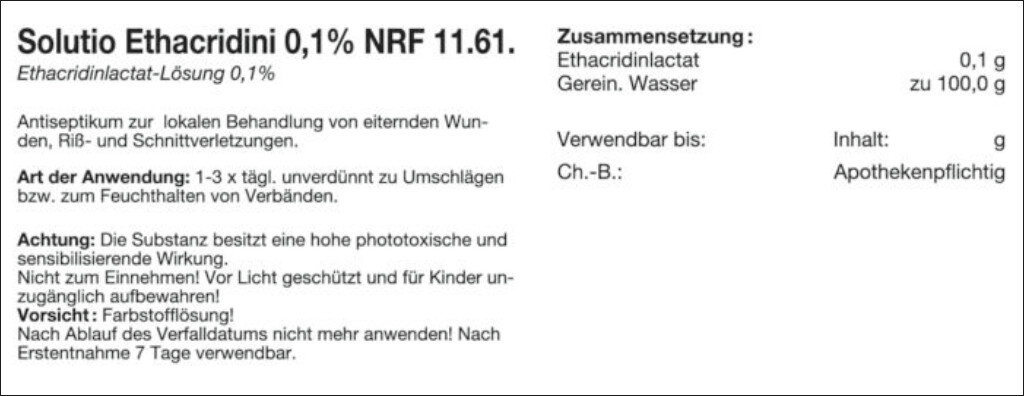 Etikett "SOL.ETHACRIDINI 0,1% NRF 11.61" (Größe 2)