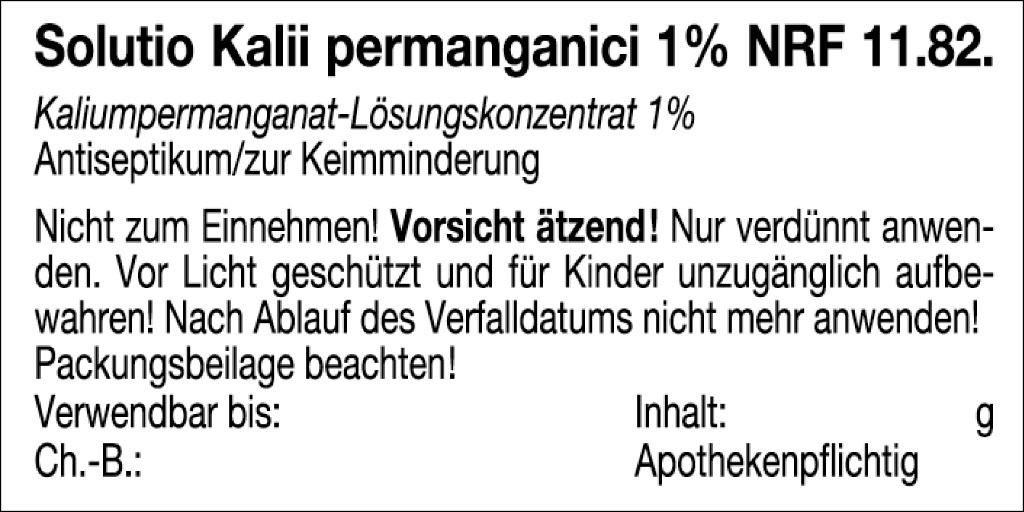 Etikett mit Beipackfahne "KALII PERM. 1% NRF 11.82" (Größe 1)