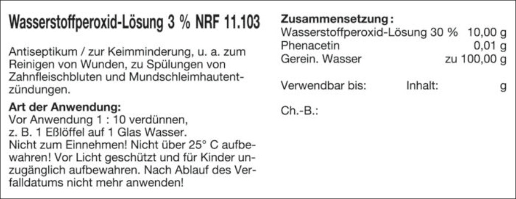 Etikett "WASSERSTOFFP. 3% NRF 11.103" (Größe 2)