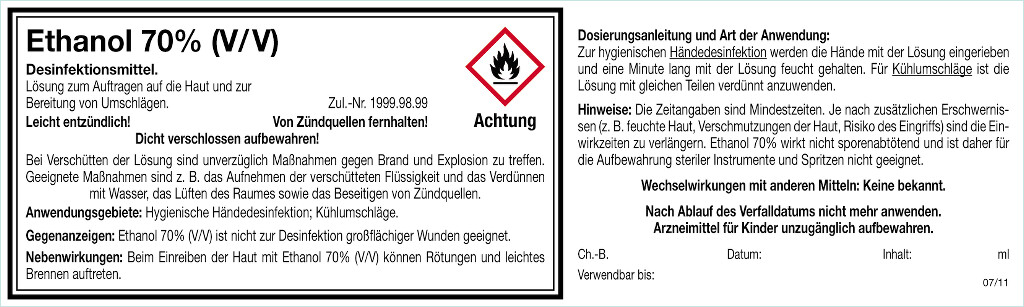Etiketten nach Standardzulassung "Ethanol 70 % (V/V)"