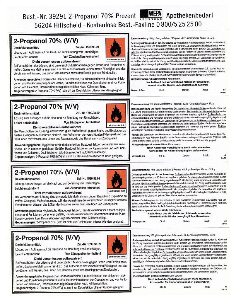 Etiketten nach Standardzulassung "2-Propnol 70 % (V/V)"