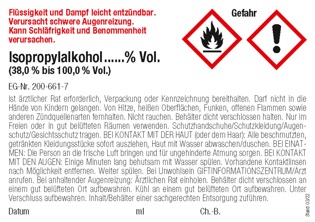 Gefahrstoff-Etiketten GHS 2-Propanol (38-100 % Vol.)