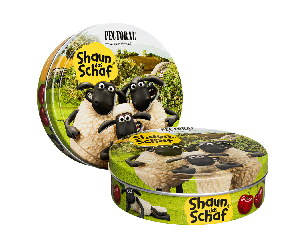 PECTORAL<sup>®</sup> Shaun das Schaf Hustenbonbon für Kinder zuckerfrei, 10 Dosen mit Motiv "Schafe"