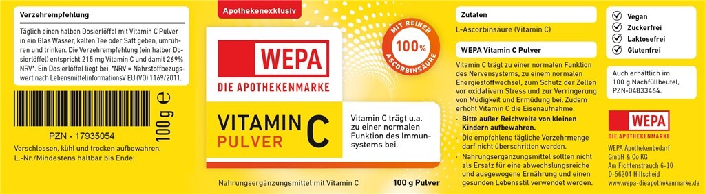<p>WEPA - Die Apothekenmarke Vitamin C Pulver, 100 g Dose</p>