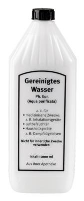 Kunststoffflasche mit Verschluss und Aufdruck "Gereinigtes Wasser" / „AQUA PURIFICATA"