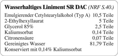 Etiketten zur Kennzeichnung von Rezepturen und Arzneimitteln "Wasserhaltiges Liniment SR DAC"