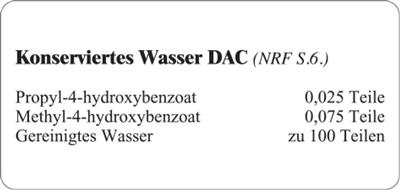 Etiketten zur Kennzeichnung von Rezepturen und Arzneimitteln "Konserviertes Wasser NRF, S.6."