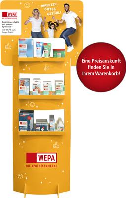<p>Kleiner Bodenaufsteller "WEPA - Die Apothekenmarke" 2022/23 - Bestückungsvariante 1</p>