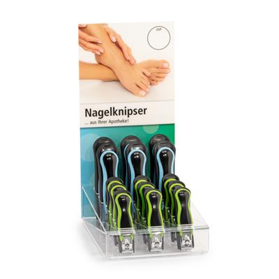 <p>Nagelknipser Display mit je 9 kleinen und 9 großen Nagelknipsern</p>