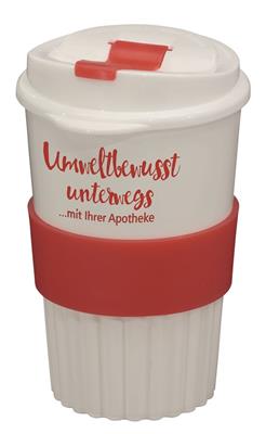 <p>Mehrwegbecher „Cup-2-go" rot/weiß mit Silikon-Manschette und Aufdruck Apotheken-Slogan</p>
